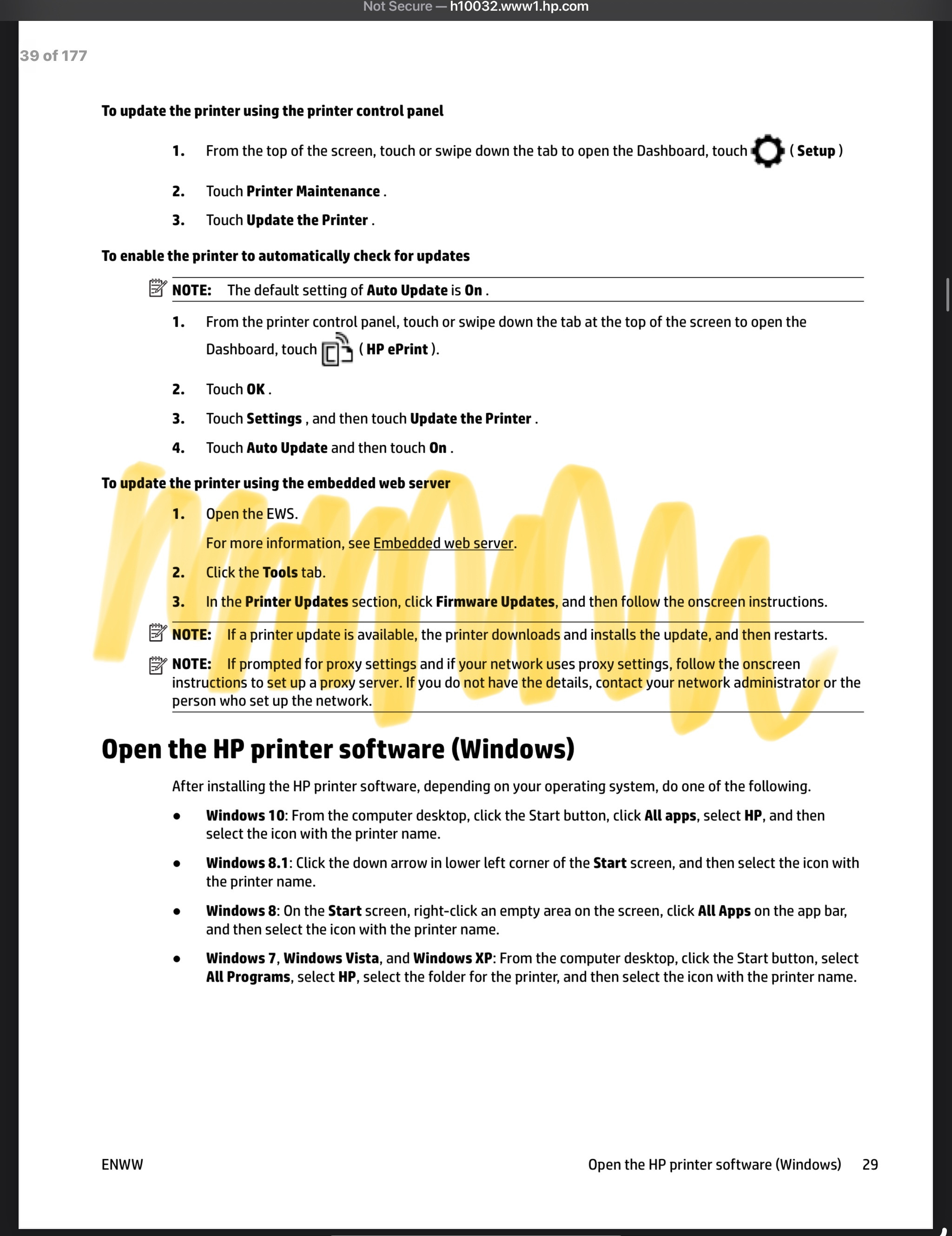 HP printer embedded web server interface showing firmware update section, relevant to troubleshooting AirPrint issues.