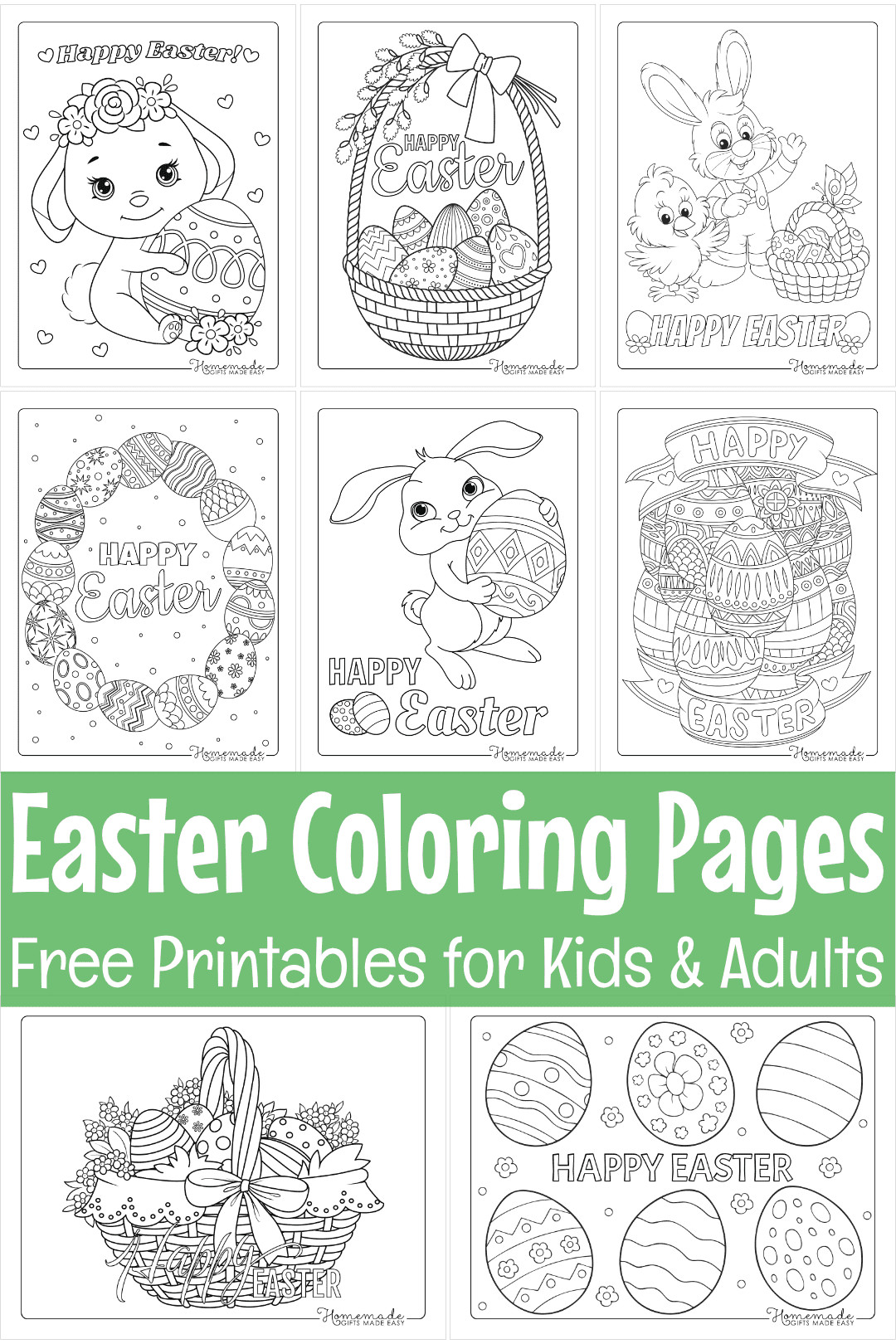 Montage of free printable Easter coloring pages showcasing bunnies, eggs, and chicks