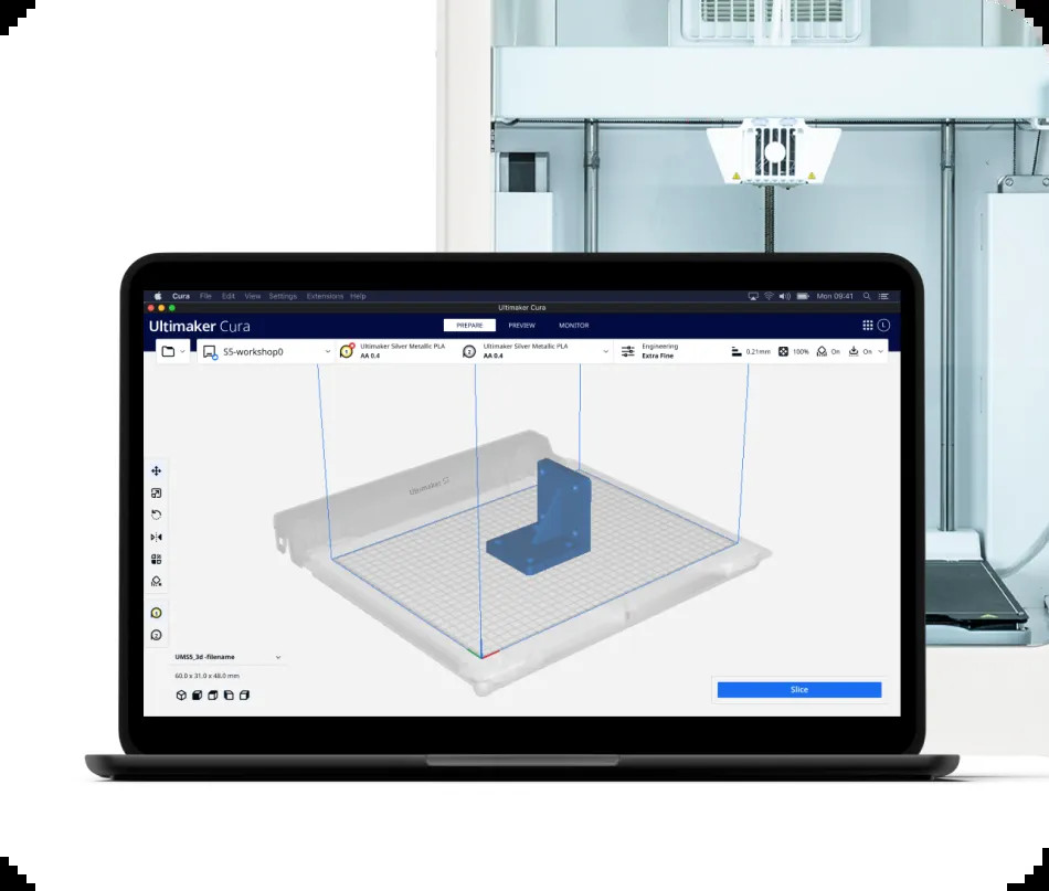 Cura interface showing settings and a 3D model ready for slicing