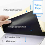 Temporary tattoo paper with printed images including flowers, text, and geometric shapes