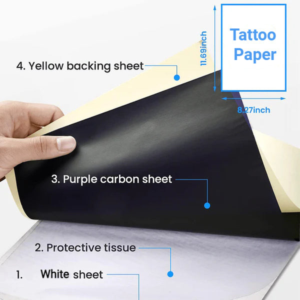 Temporary tattoo paper with printed images including flowers, text, and geometric shapes
