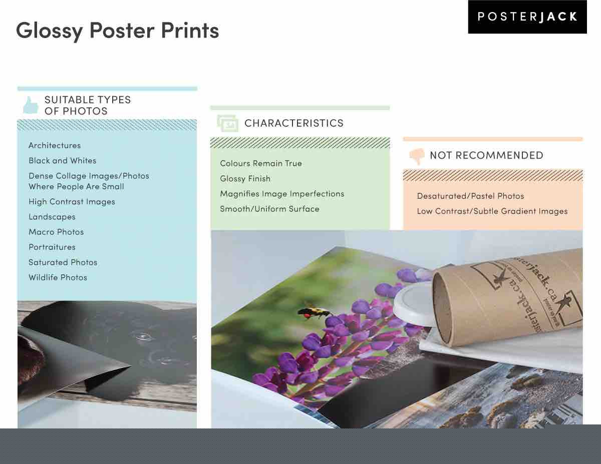 Chart showing when to choose glossy prints and when not to, highlighting glare and handling concerns